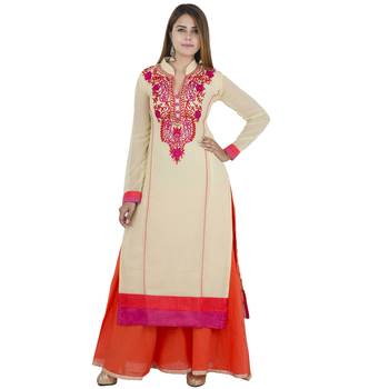 Beige embroidered georgette long kurtis 1
