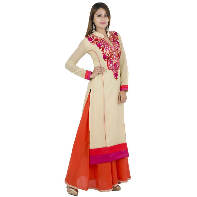 Beige embroidered georgette long kurtis