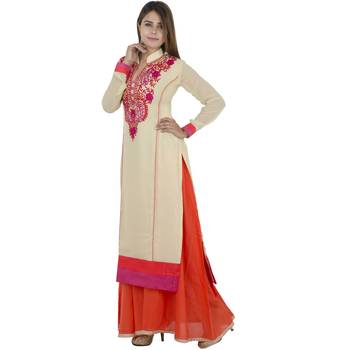 Beige embroidered georgette long kurtis 3