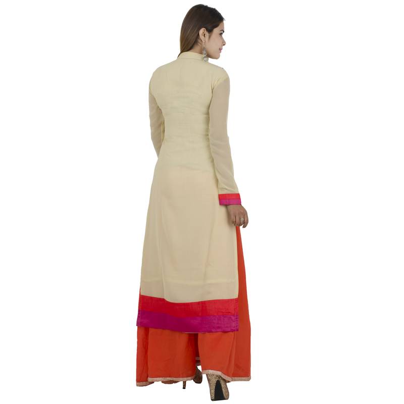 Beige embroidered georgette long kurtis