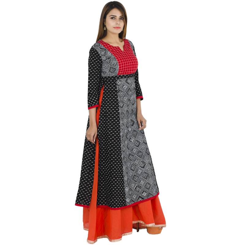 Black printed cotton long kurtis