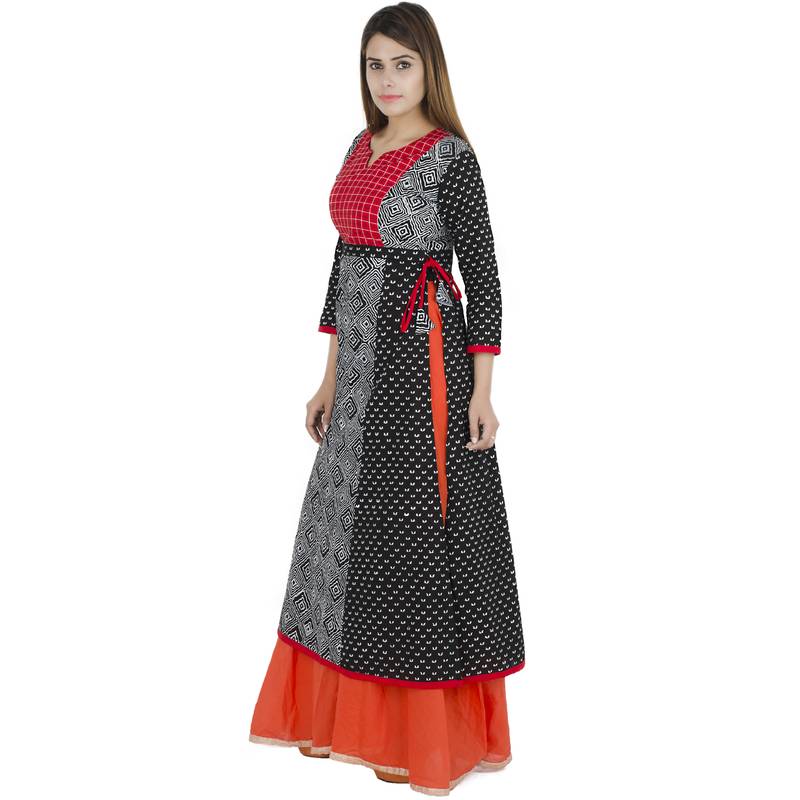 Black printed cotton long kurtis