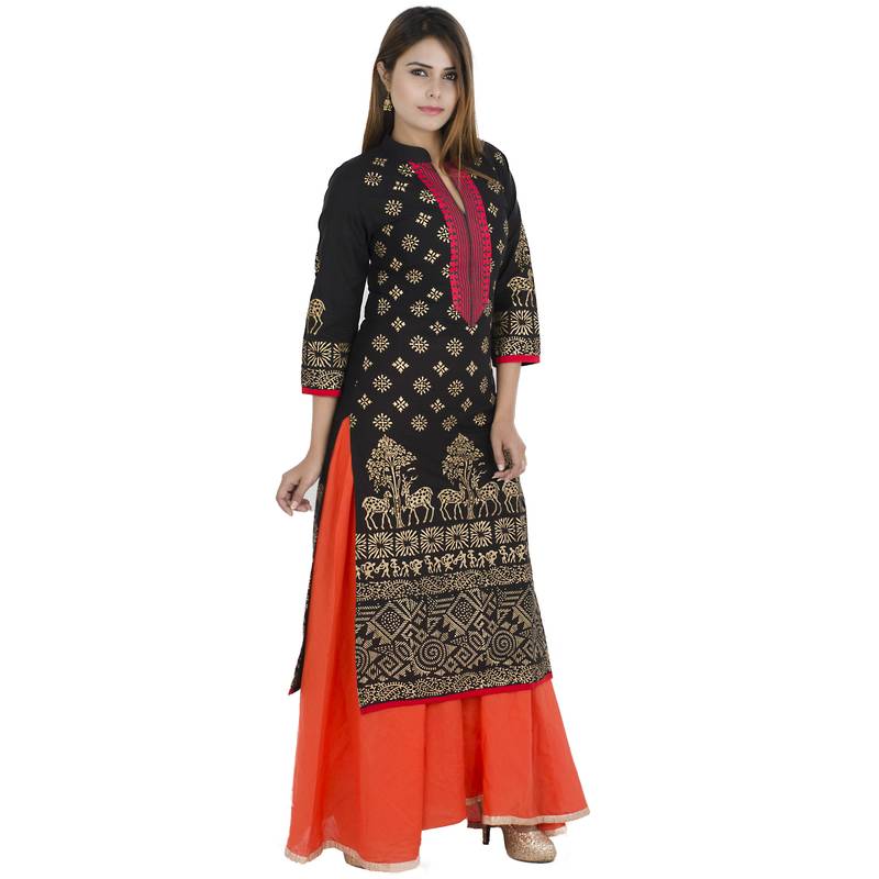 Black printed cotton long kurtis
