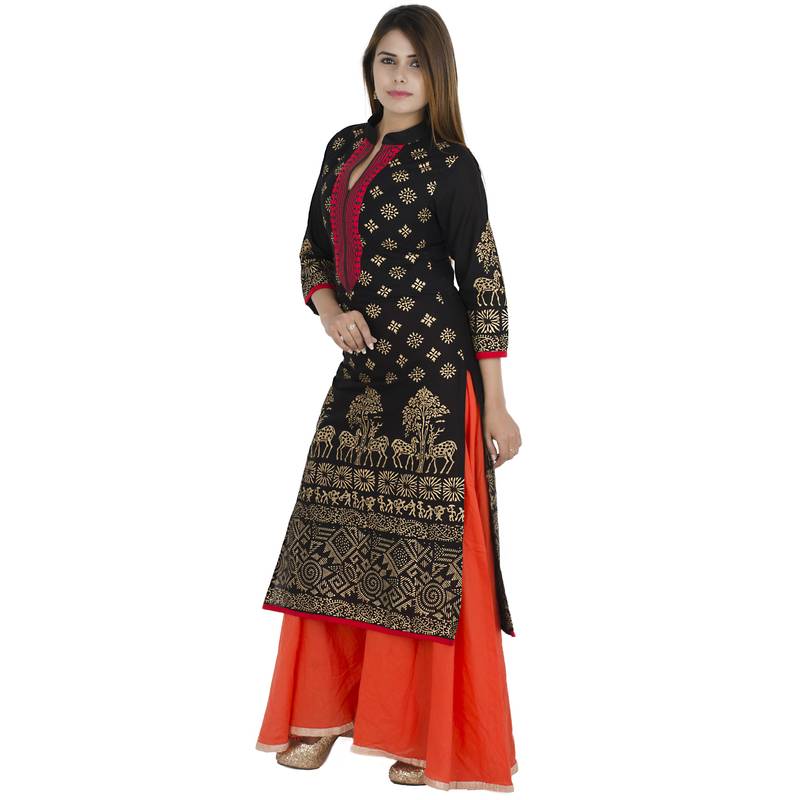 Black printed cotton long kurtis