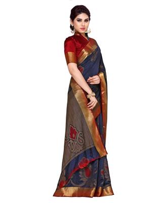 Mimosa Navy Blue Art Silk Kanchipuram Style Saree With Blouse 3