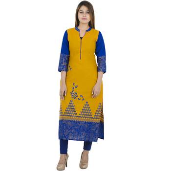 Yellow printed cotton long kurtis 1