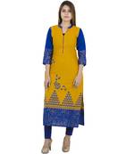 Yellow printed cotton long kurtis