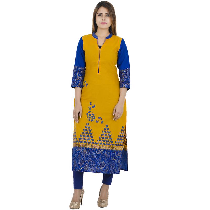 Yellow printed cotton long kurtis