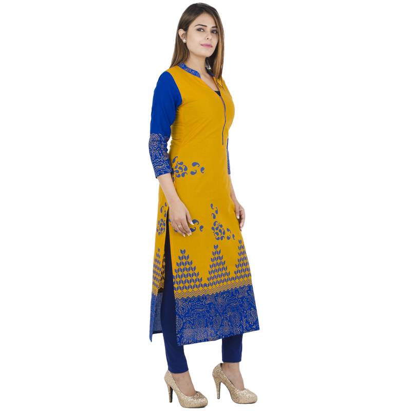 Yellow printed cotton long kurtis