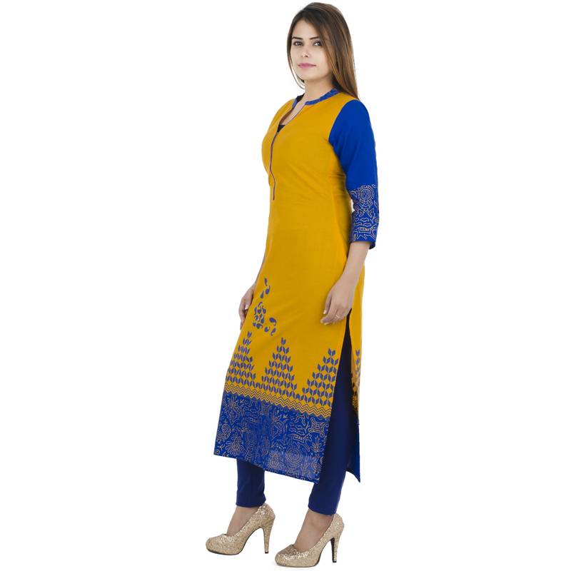 Yellow printed cotton long kurtis
