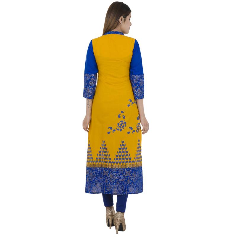 Yellow printed cotton long kurtis