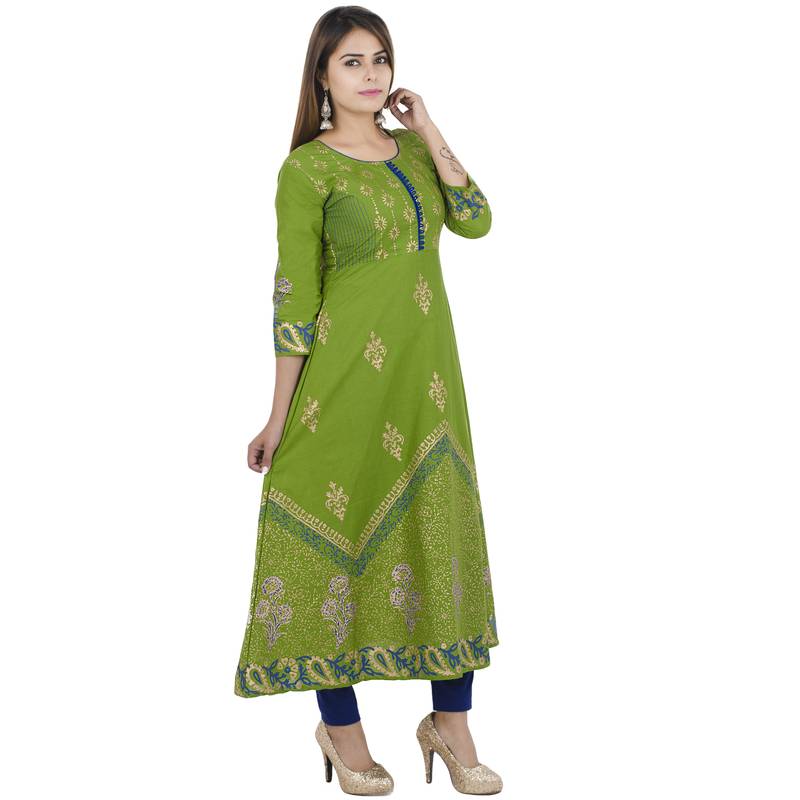 Green printed cotton long kurtis
