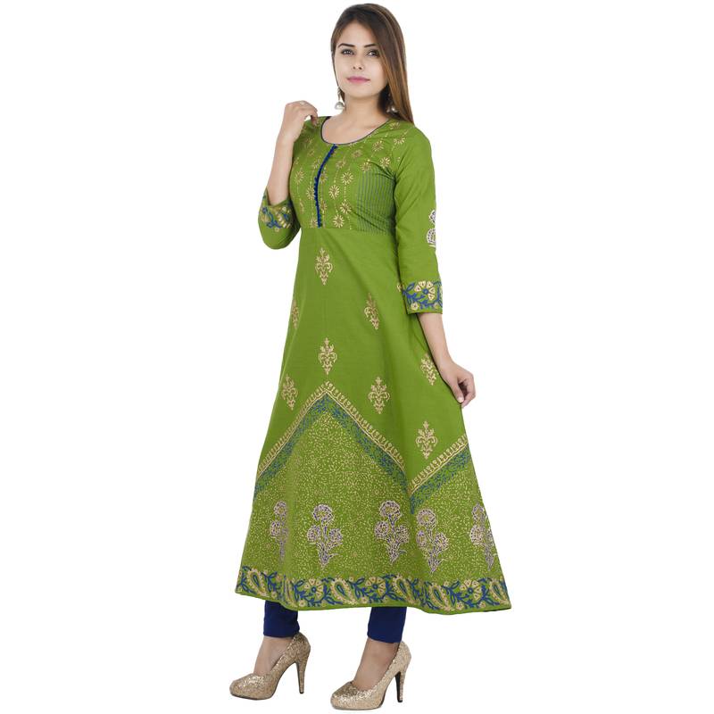 Green printed cotton long kurtis