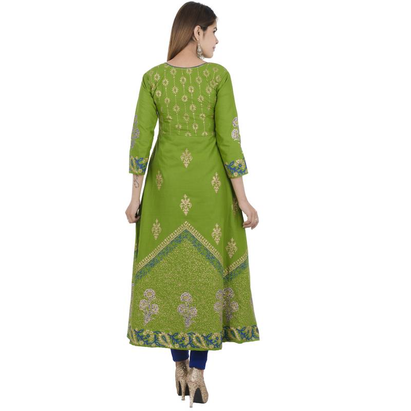 Green printed cotton long kurtis
