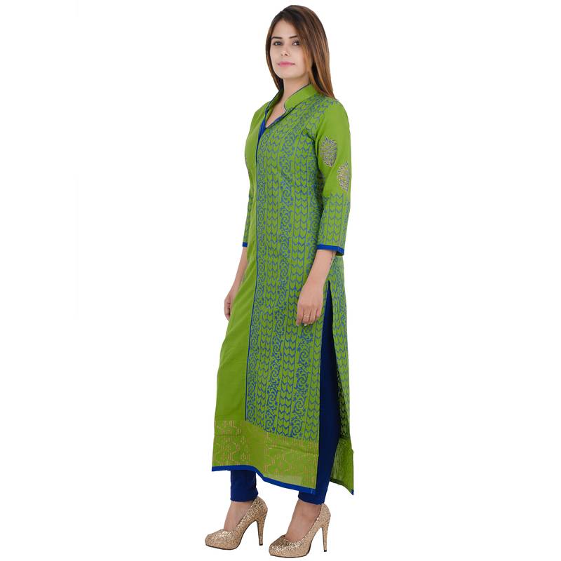 Green printed cotton long kurtis