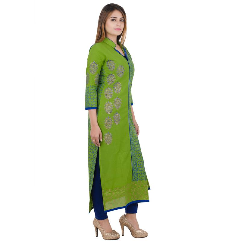 Green printed cotton long kurtis