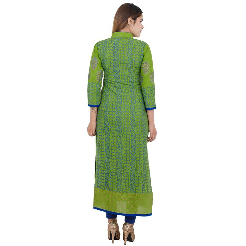 Green printed cotton long kurtis