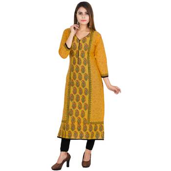 Yellow printed cotton long kurtis 1