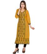 Yellow printed cotton long kurtis