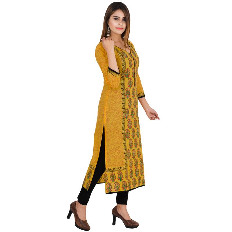 Yellow printed cotton long kurtis