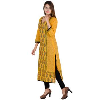 Yellow printed cotton long kurtis 3