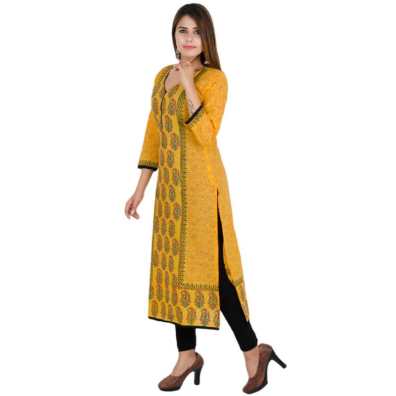 Yellow printed cotton long kurtis