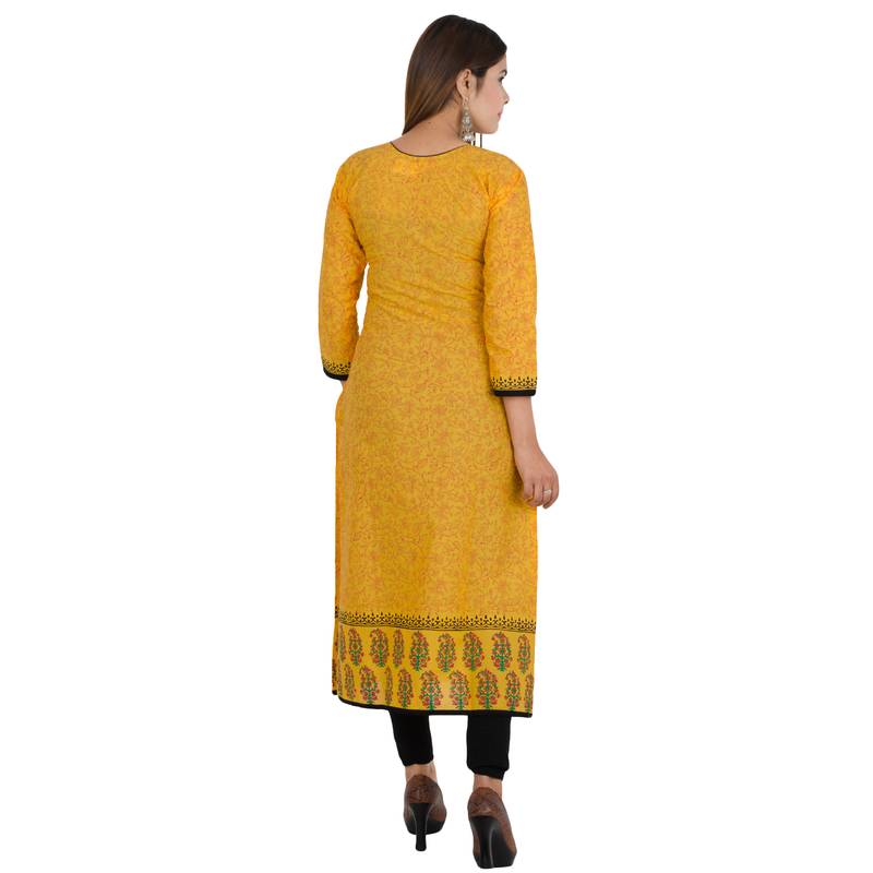 Yellow printed cotton long kurtis