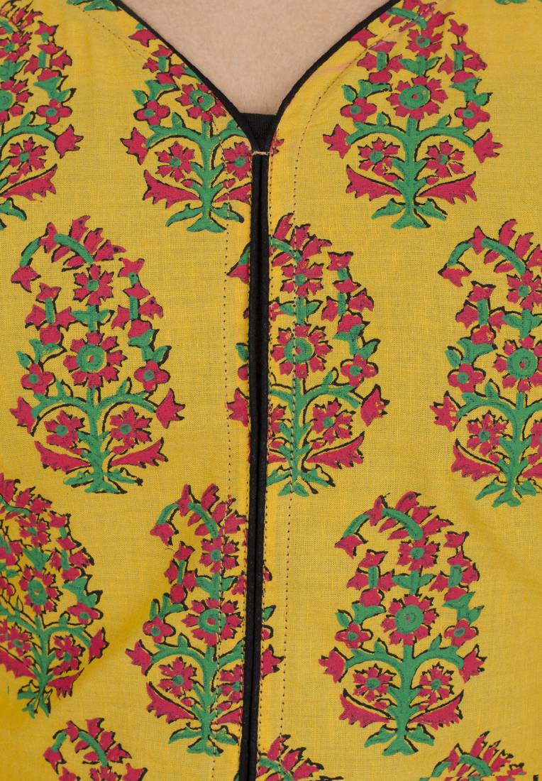 Yellow printed cotton long kurtis