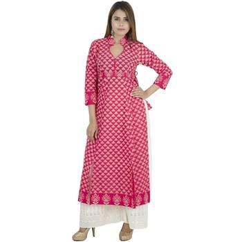 Pink printed cotton long kurtis 1