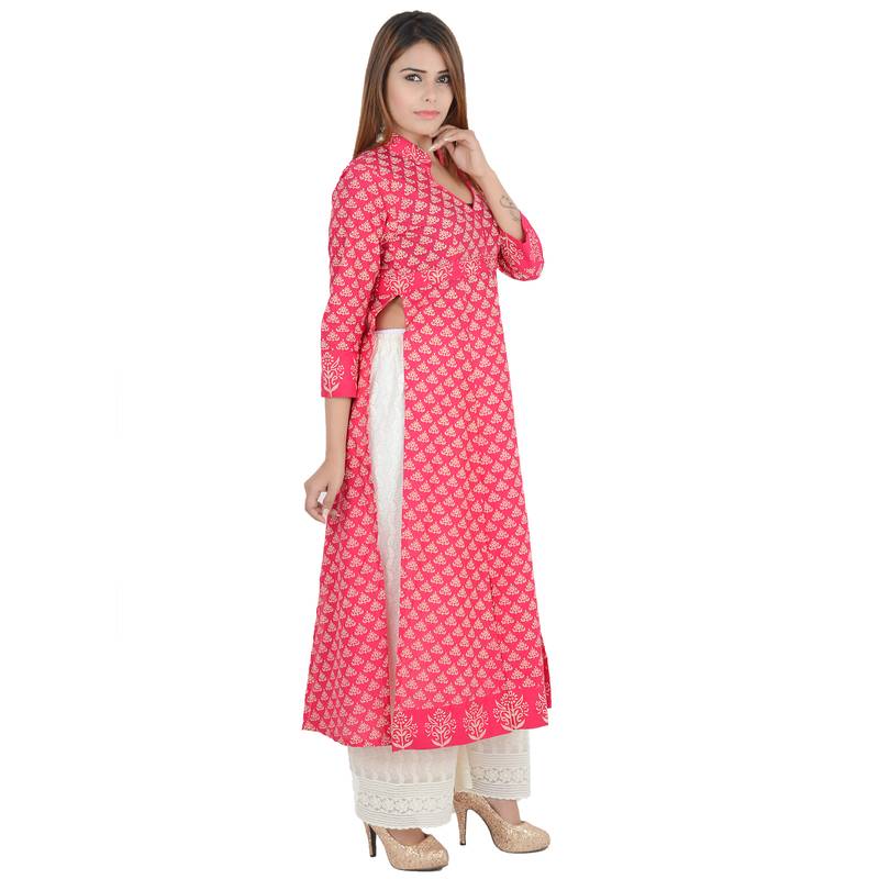Pink printed cotton long kurtis