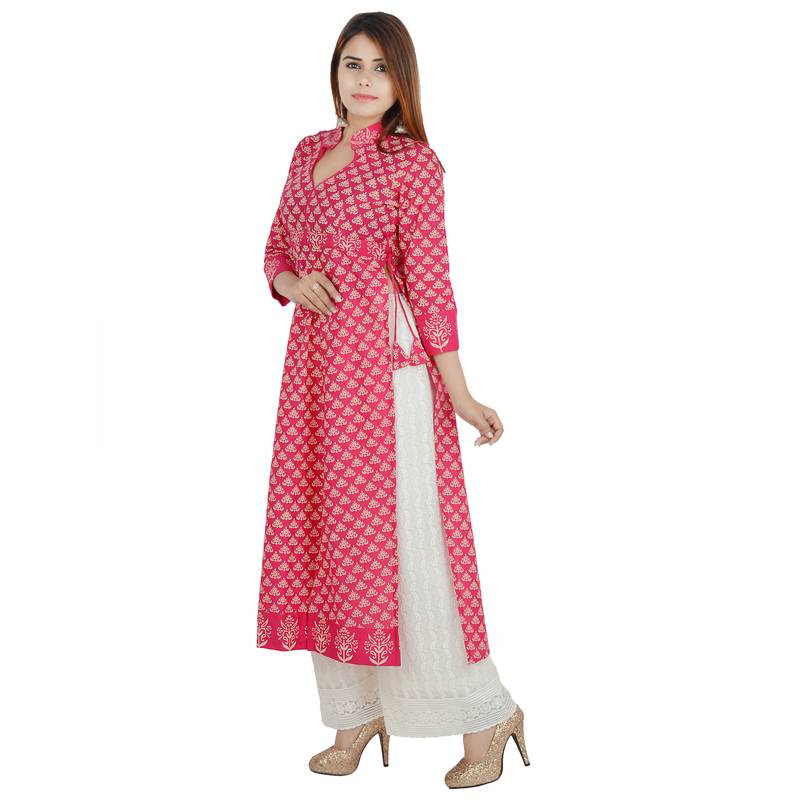 Pink printed cotton long kurtis