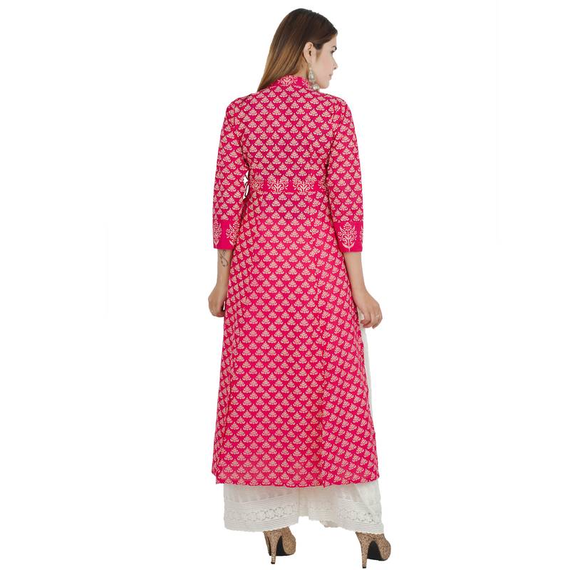 Pink printed cotton long kurtis