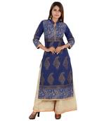 Blue printed cotton long kurtis