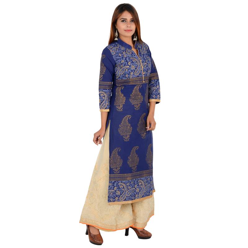 Blue printed cotton long kurtis