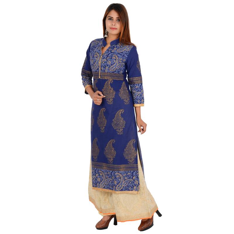 Blue printed cotton long kurtis