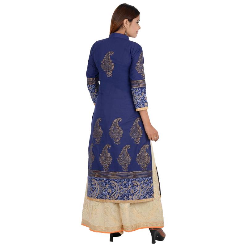 Blue printed cotton long kurtis