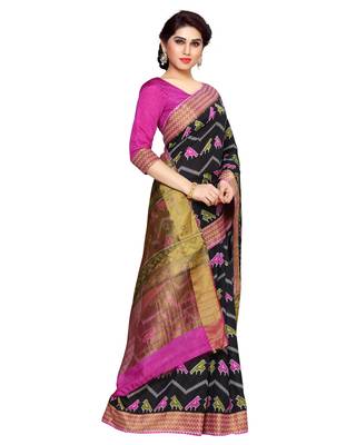 Mimosa Black Tussar Silk Ikkat Style Saree With Blouse 3