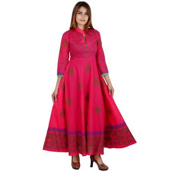 Pink printed cotton long kurtis 1
