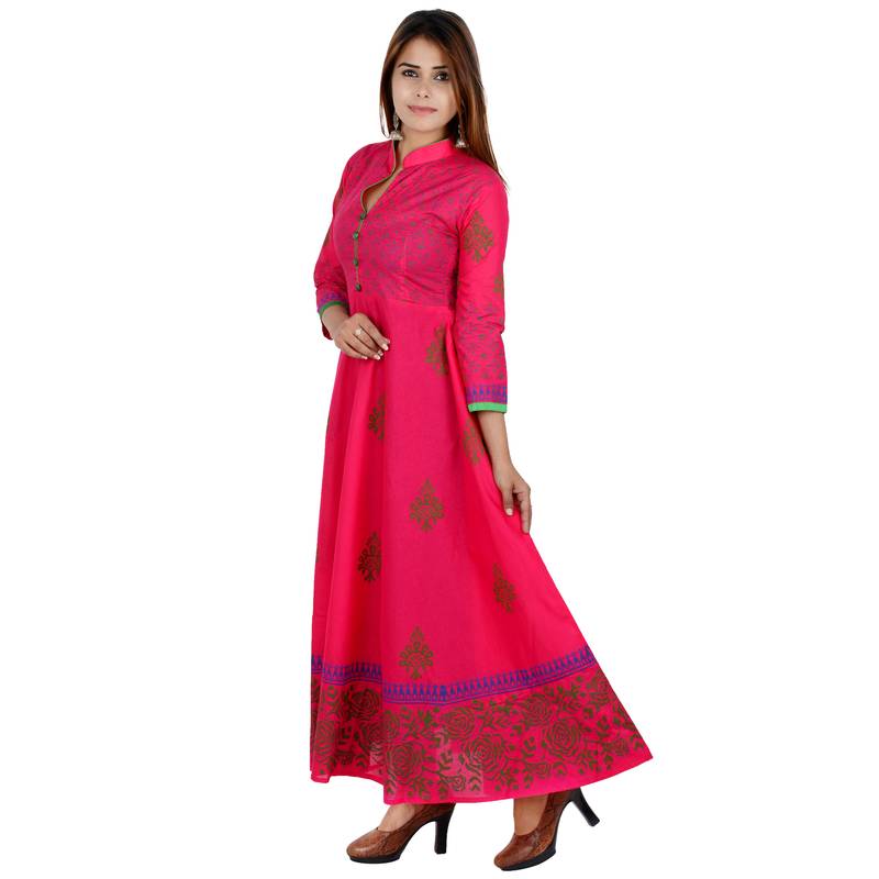 Pink printed cotton long kurtis
