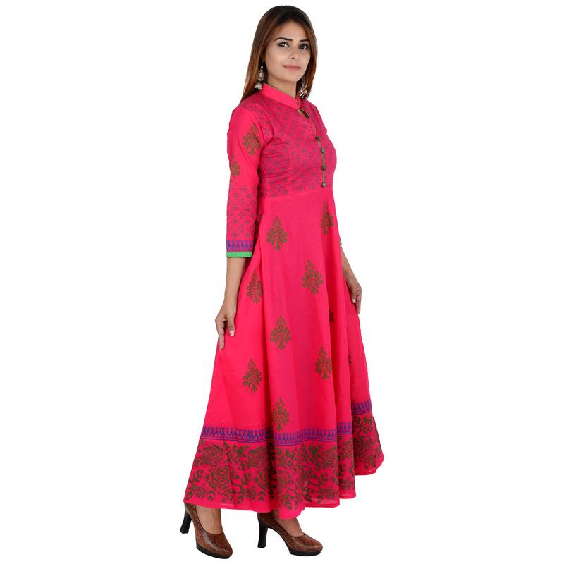 Pink printed cotton long kurtis