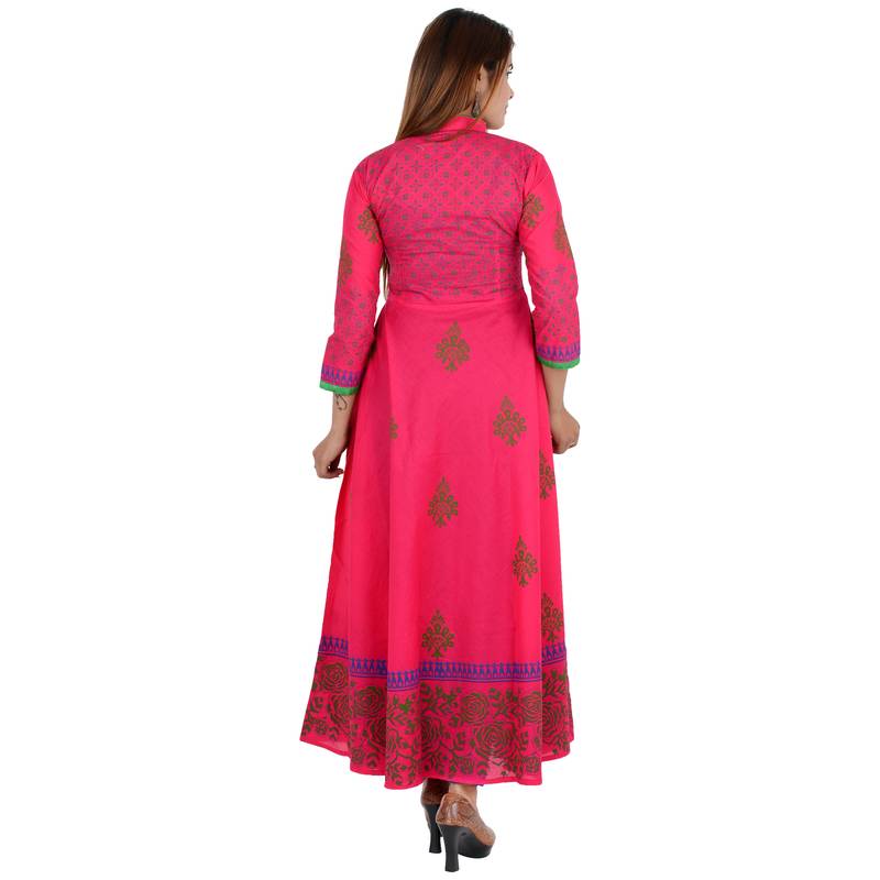 Pink printed cotton long kurtis