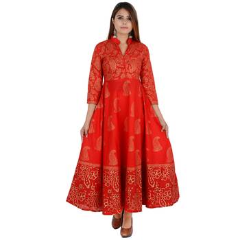 Red printed cotton long kurtis 1