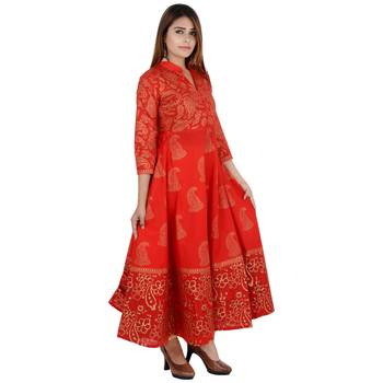 Red printed cotton long kurtis 2