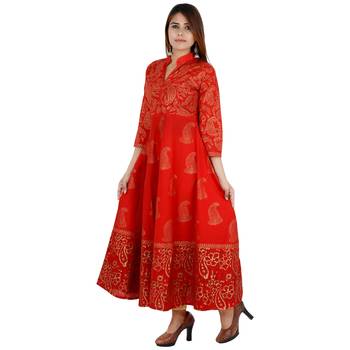 Red printed cotton long kurtis 3