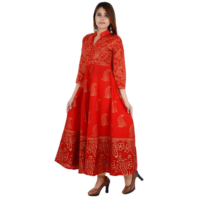 Red printed cotton long kurtis