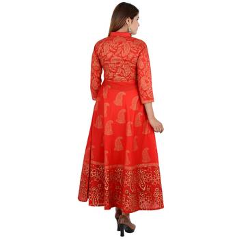 Red printed cotton long kurtis 4