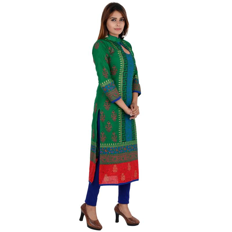 Green printed cotton long kurtis