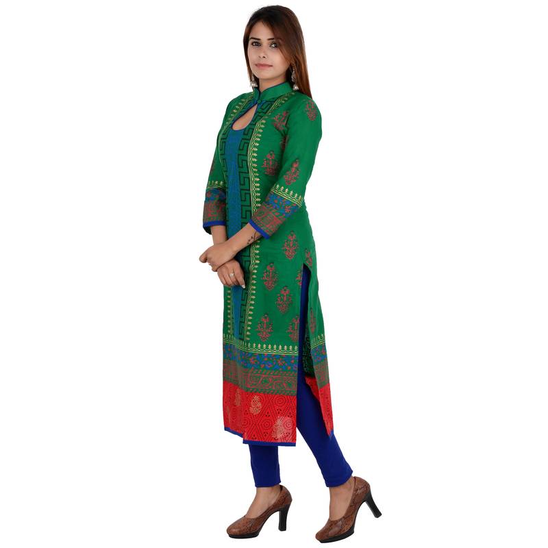 Green printed cotton long kurtis