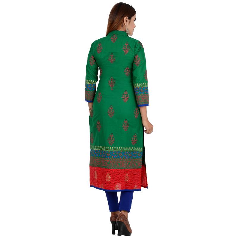 Green printed cotton long kurtis