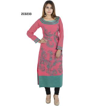 Pink embroidered cotton long kurtis 1